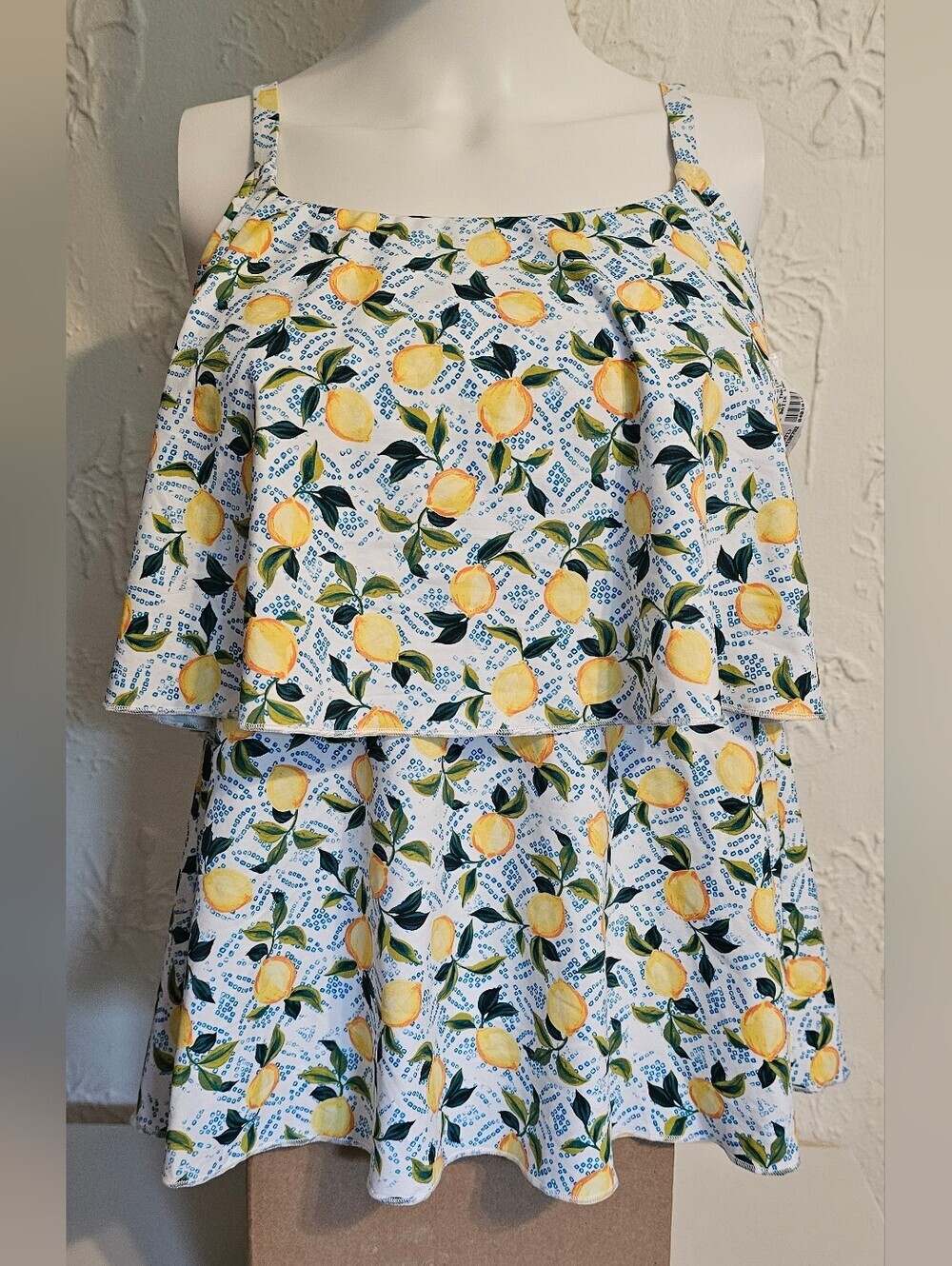 Lands' End Tiered Tankini Top Lemons White Women's Swim NWT XS